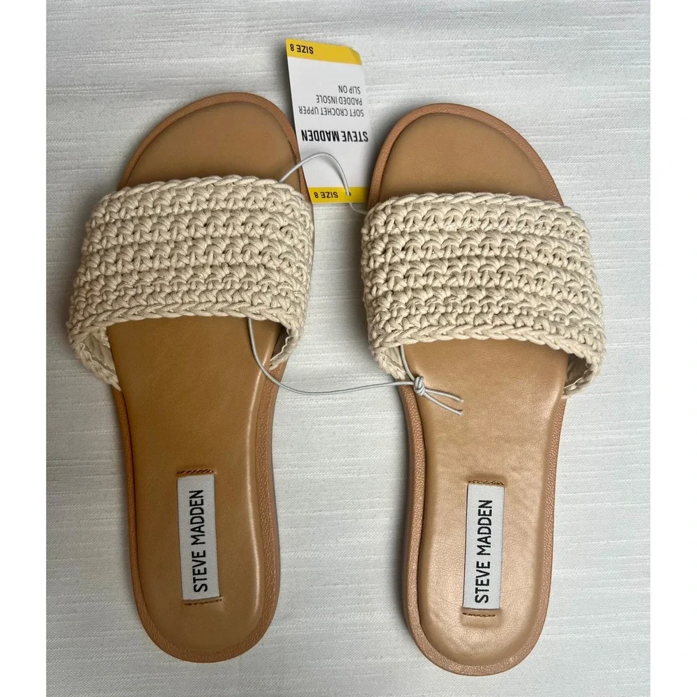 Steve Madden Tannah Crochet Slide Sandals Natural Cream Tan Flat Slip On Women 8 - Picture 7 of 10